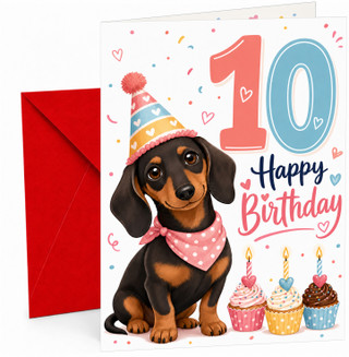 Age 10 Birthday Card Sausage Dog in Party Hat and Cupcakes