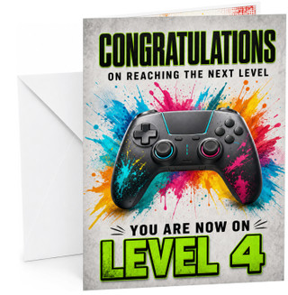 4th Birthday Card Gamer Level 4 Game Controller Paint Splash