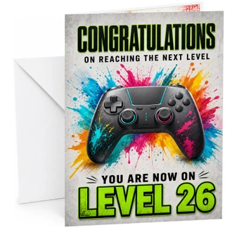 26th Birthday Card Level 26 Gaming Controller Paint Splash