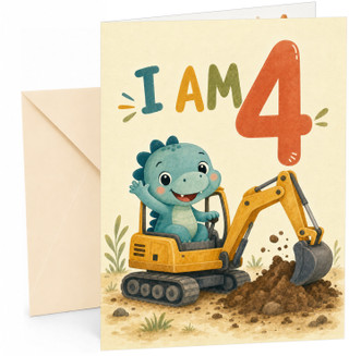 4th Birthday Card Cute Dinosaur Digger Excavator