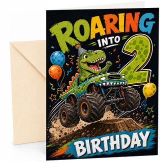 2nd Birthday Card Roaring Dinosaur Monster Truck