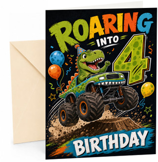 4th Birthday Card Roaring Dino Monster Truck
