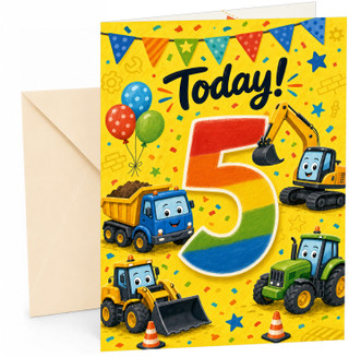 5th Birthday Card Rainbow Number 5 with Cute Diggers