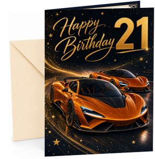 21st Birthday Card Gold Supercars and Stars Black Background