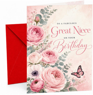 Great Niece Birthday Card Watercolour Pink Roses and Butterfly