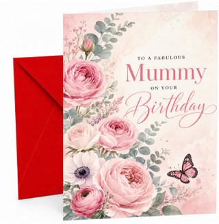 Mummy Birthday Card Watercolour Pink Roses and Butterfly