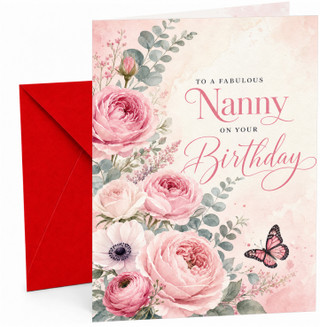 Nanny Birthday Card Watercolour Pink Roses and Butterfly