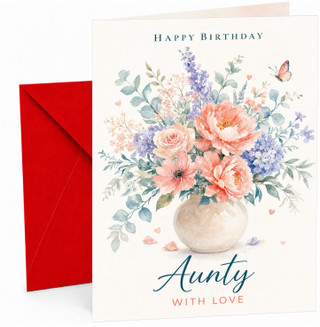 Aunty Birthday Card Watercolour Flower Vase and Butterfly