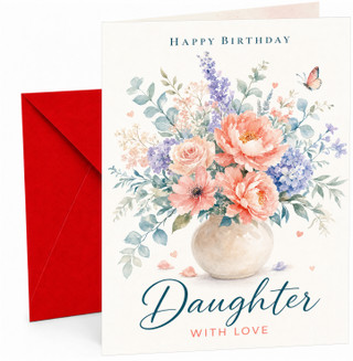 Daughter Birthday Card Watercolour Vase Flowers and Butterfly