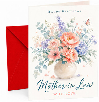 Mother-in-Law Birthday Card Watercolour Flower Vase & Butterfly
