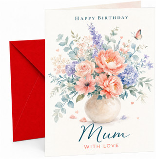 Mum Birthday Card Watercolour Flower Vase and Butterfly