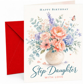 Step Daughter Birthday Card Watercolour Flower Vase & Butterfly
