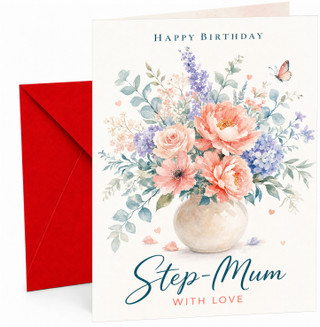Step-Mum Birthday Card Watercolour Flower Vase and Butterfly