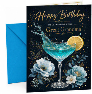 Great Grandma Birthday Card Blue Cocktail Splash and Flowers