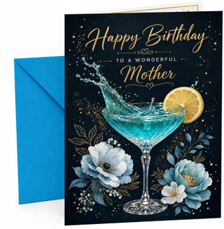 Mother Birthday Card Blue Cocktail Splash with Lemon & Flowers