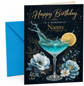 Nanny Birthday Card Blue Cocktail Splash and Lemon Slice