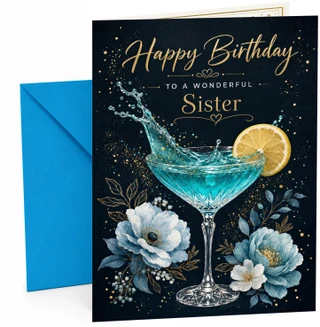 Sister Birthday Card Blue Cocktail Splash and Lemon Slice