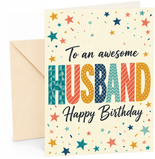 Husband Birthday Card Colourful Stars and Confetti Typography