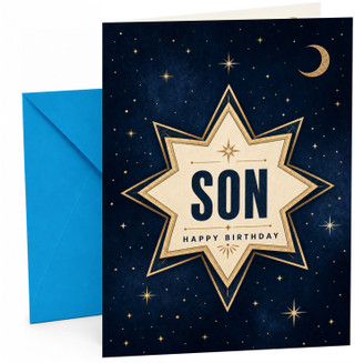 Son Birthday Card Starburst Badge on Night Sky with Moon