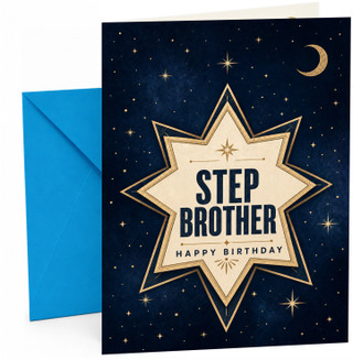 Step Brother Birthday Card Gold Starburst Night Sky and Moon