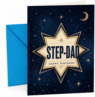 Step-Dad Birthday Card Starburst Badge on Night Sky & Moon