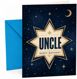 Uncle Birthday Card Starburst Badge on Night Sky with Moon