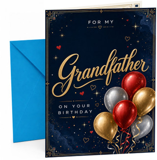 Grandfather Birthday Card Gold Script with Red Balloons
