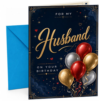 Husband Birthday Card Navy Night Sky Gold Script & Balloons