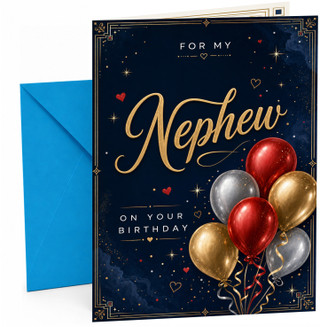 Nephew Birthday Card Navy Night Sky with Red Gold Balloons