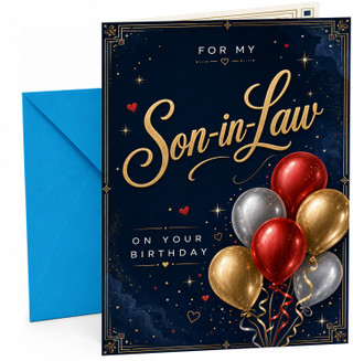 Son-in-Law Birthday Card Navy Night Sky Gold Script Balloons