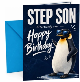 Step Son Birthday Card Effortlessly Cool Penguin Sunglasses