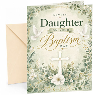 Daughter Birthday Card White Doves Cross and Floral Greenery