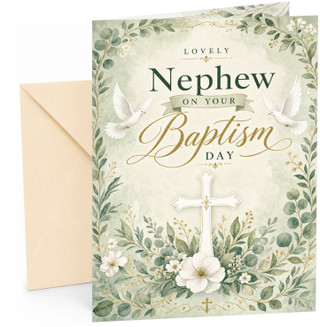 Nephew Birthday Card Baptism Day Cross and Doves Floral