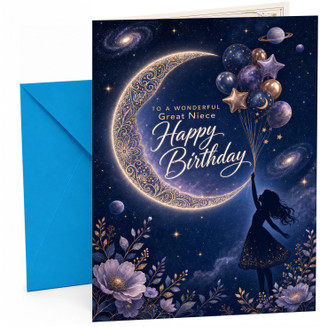 Great Niece Birthday Card Crescent Moon and Starry Balloons