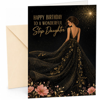 Step Daughter Birthday Card Elegant Black Gold Evening Gown