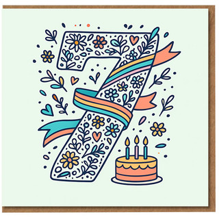 Age 7 Birthday Card - Floral Number Seven with Colourful Rainbow Ribbon and Cake - Cute Kids Birthday Card for a Child’s 7th Boy or Girl