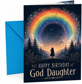 God Daughter Birthday Card Rainbow Night Sky Forest Girl