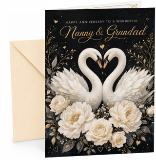 Nanny & Grandad Anniversary Card Swan Couple Heart Flowers