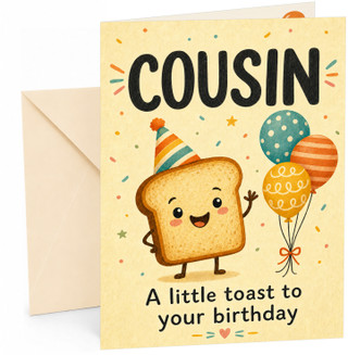 Cousin Birthday Card Cute Toast Character with Balloons
