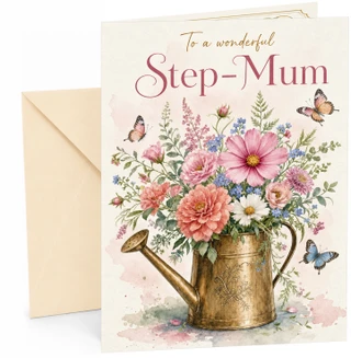Step-Mum Birthday Card, Floral Watering Can and Butterflies