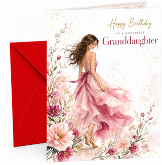 Granddaughter Birthday Card Watercolour Girl in Pink Dress