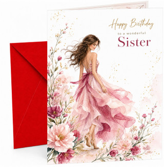 Sister Birthday Card Watercolour Lady in Pink Dress & Flowers