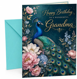 Grandma Birthday Card Peacock and Floral Bouquet