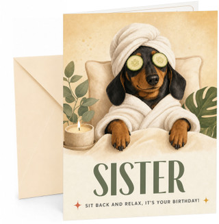 Sister Birthday Card Funny Spa Sausage Dog with Cucumber Eyes