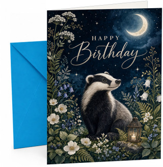 Birthday Card Moonlit Badger in Wildflowers Night Sky