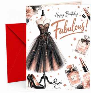 Happy Birthday Fabulous Card Black Dress, Heels and Perfume