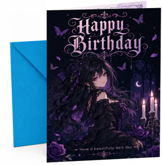 Birthday Card Gothic Girl in Black Dress with Purple Roses
