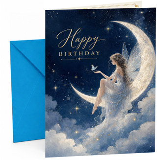 Birthday Card Fairy on Crescent Moon with Butterfly Stars