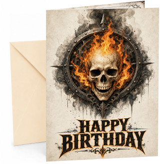 Happy Birthday Card Flaming Skull in Spiked Metal Ring