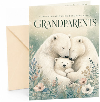 New Grandparents New Baby Card Polar Bear Family and Flowers